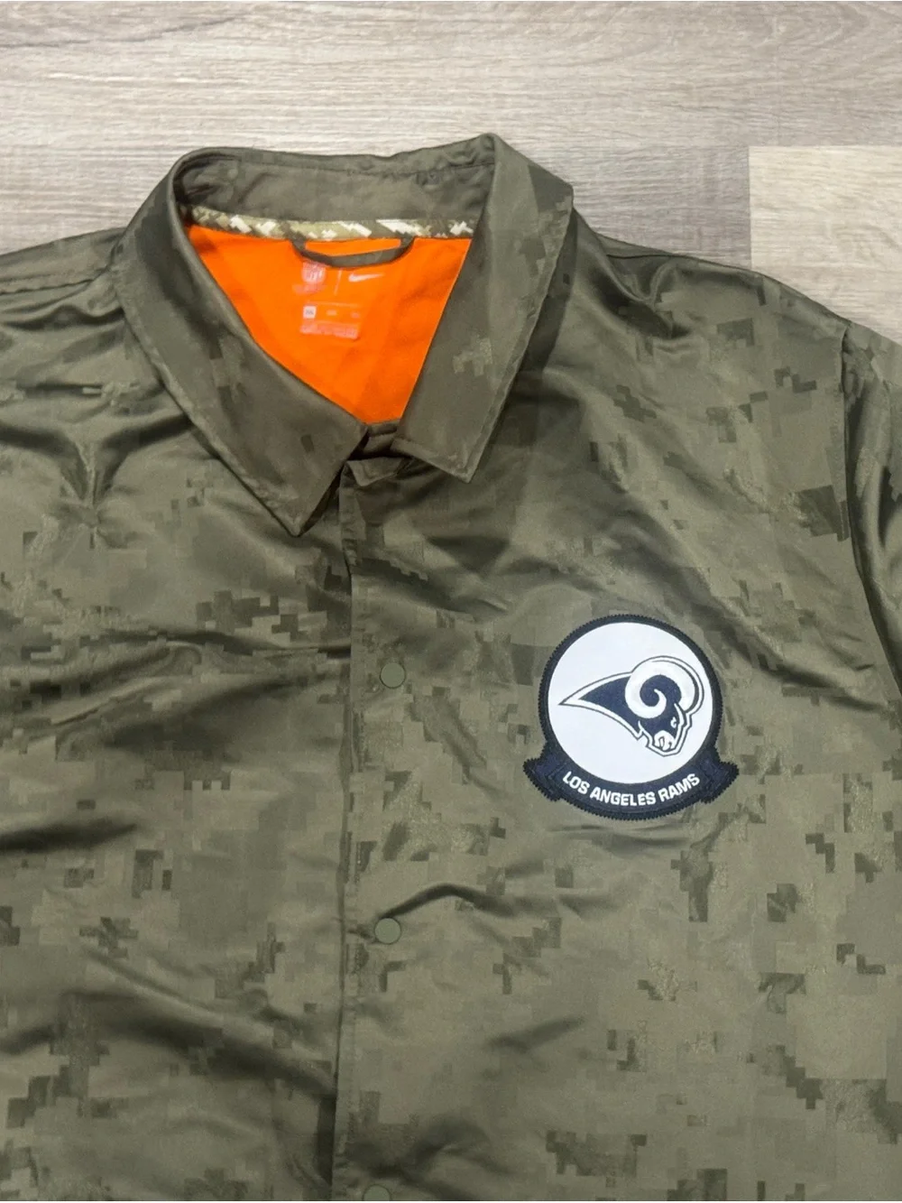 Nike NFL Los Angeles Rams Camo Coach Jacket - Olive Green with Orange Lining